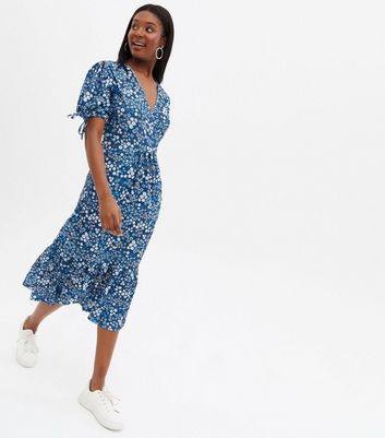 Cameo Rose Blue Floral Tie Sleeve Midi Wrap Dress | New Look